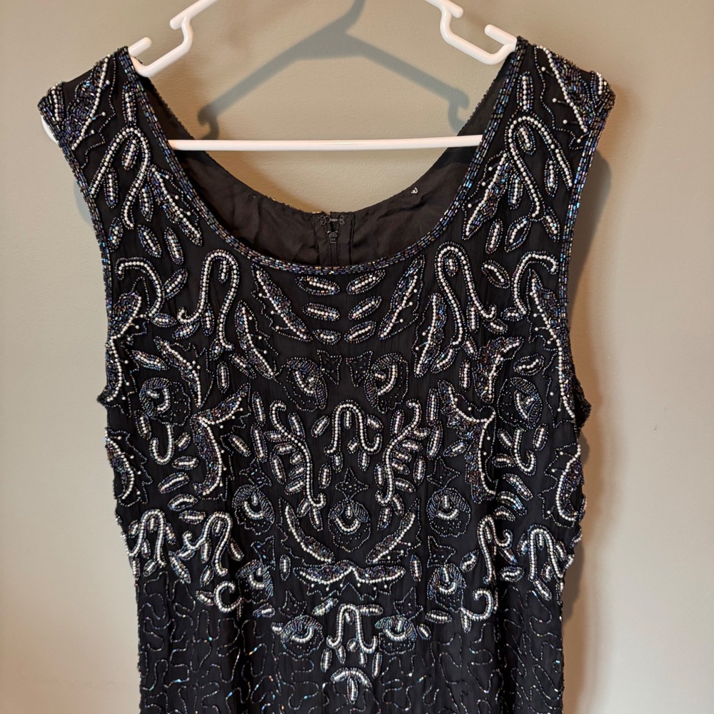 Vintage Beaded Whimsigoth Silk Maxi Dress Black Silver Iridescent Formal Gown - Picture 2 of 16